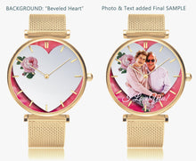 Load image into Gallery viewer, 156. Custom &quot;BEVELED HEART&quot; BACKGROUND: Ultra-Thin Quartz Watch (With Indicators) Beveled Heart &amp; Rose
