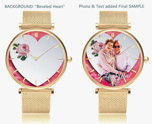 156. Custom "BEVELED HEART" BACKGROUND: Ultra-Thin Quartz Watch (With Indicators) Beveled Heart & Rose