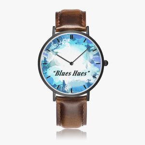 "Blues Hues" : Ultra-Thin Leather Strap Quartz Watch (Black With Indicators)